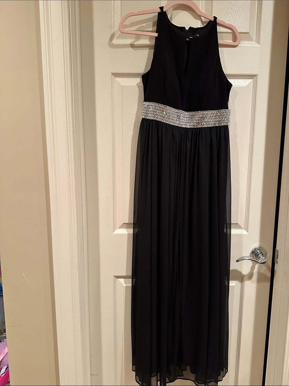 Black Evening Maxi Dress with Embellished Waist